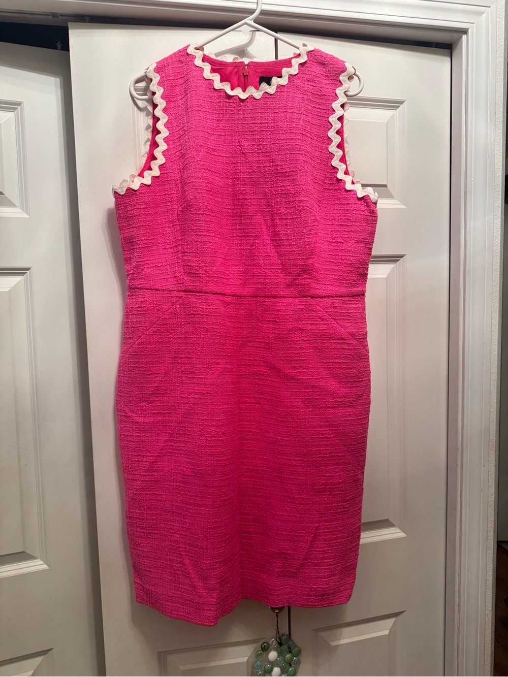 J Crew Hot Pink Tweed Above Knee Shift Dress Rickrack Scalloped Trim 16